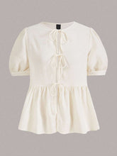 Tie Front Ruffle Hem Puff Sleeve Peplum Blouse